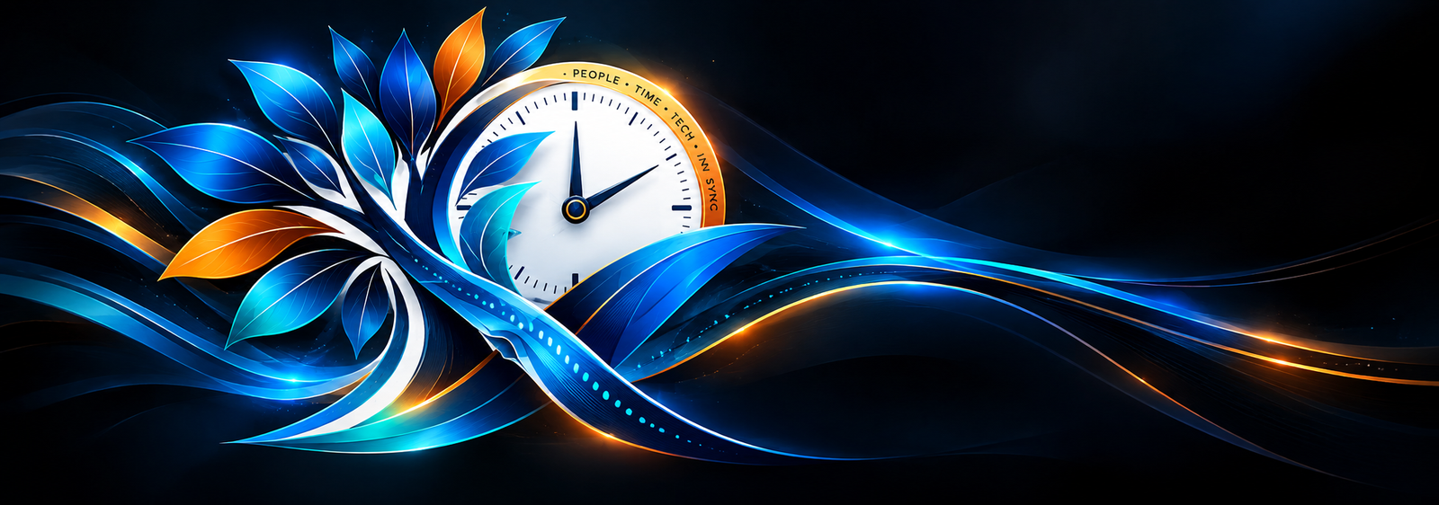 LifeSyncX tree and clock artwork: People, Time, Tech, In Sync