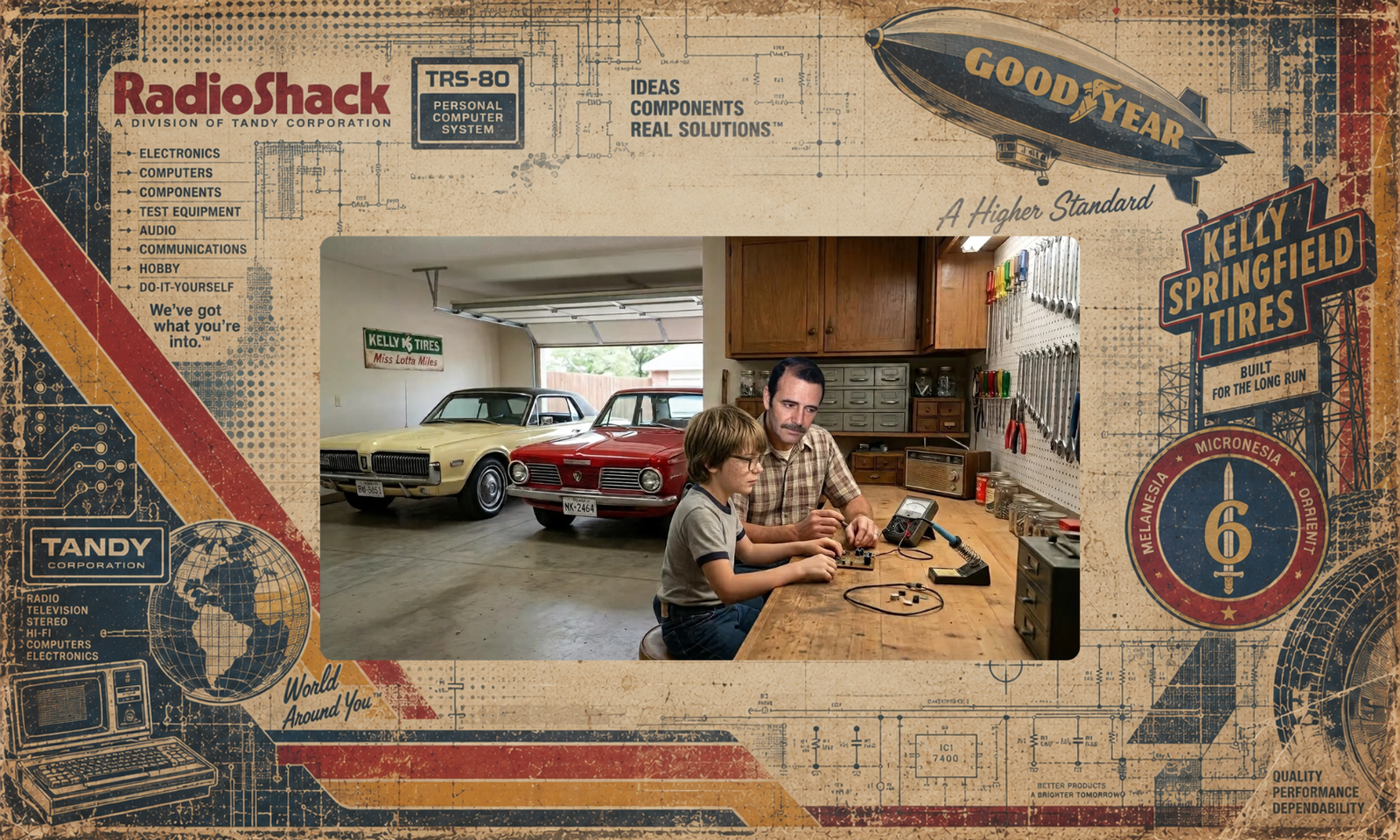 A father and son at their electronics workbench, surrounded by vintage RadioShack, Tandy, TRS-80, Goodyear, Kelly-Springfield, and personal historical symbols