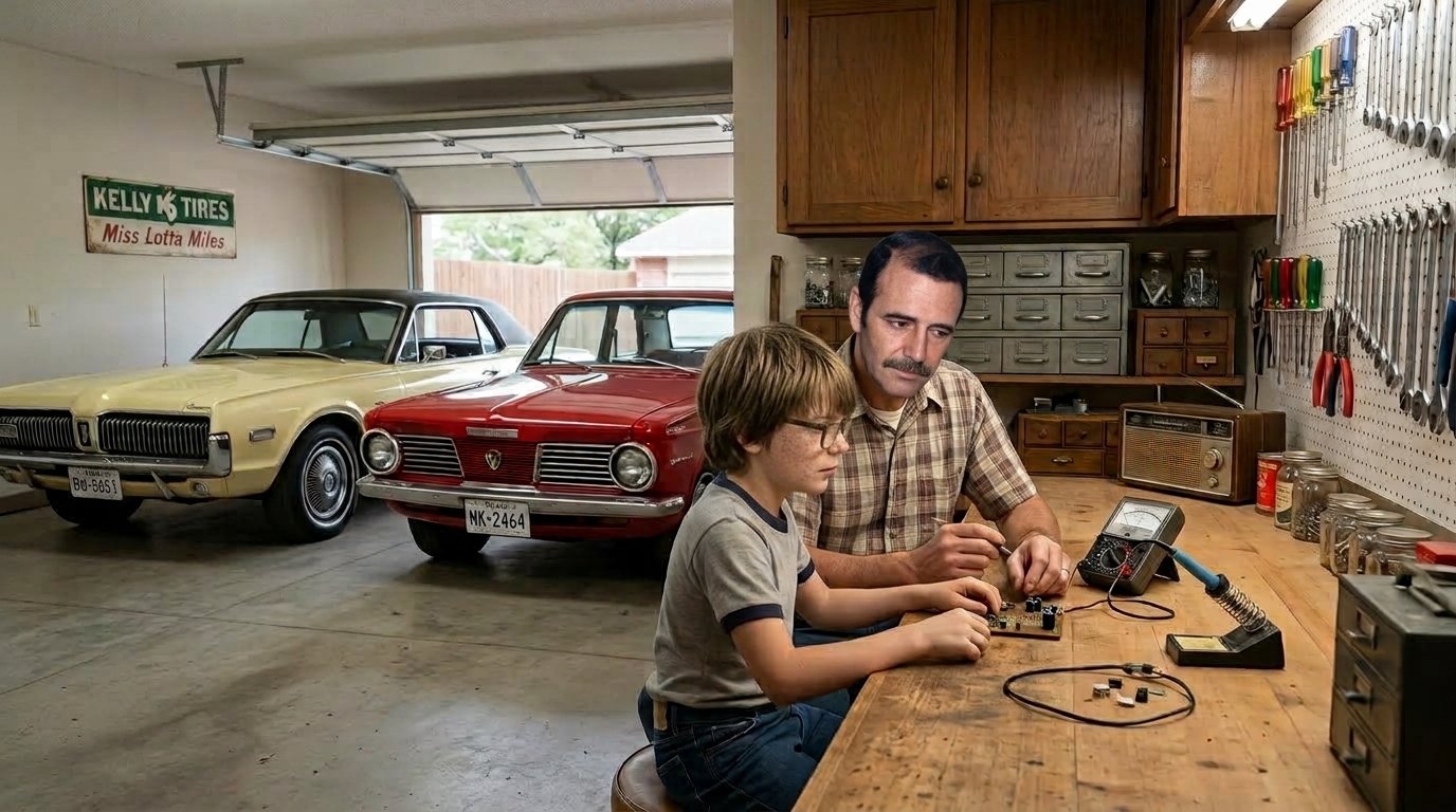 A father and son working on electronics together at a garage workbench